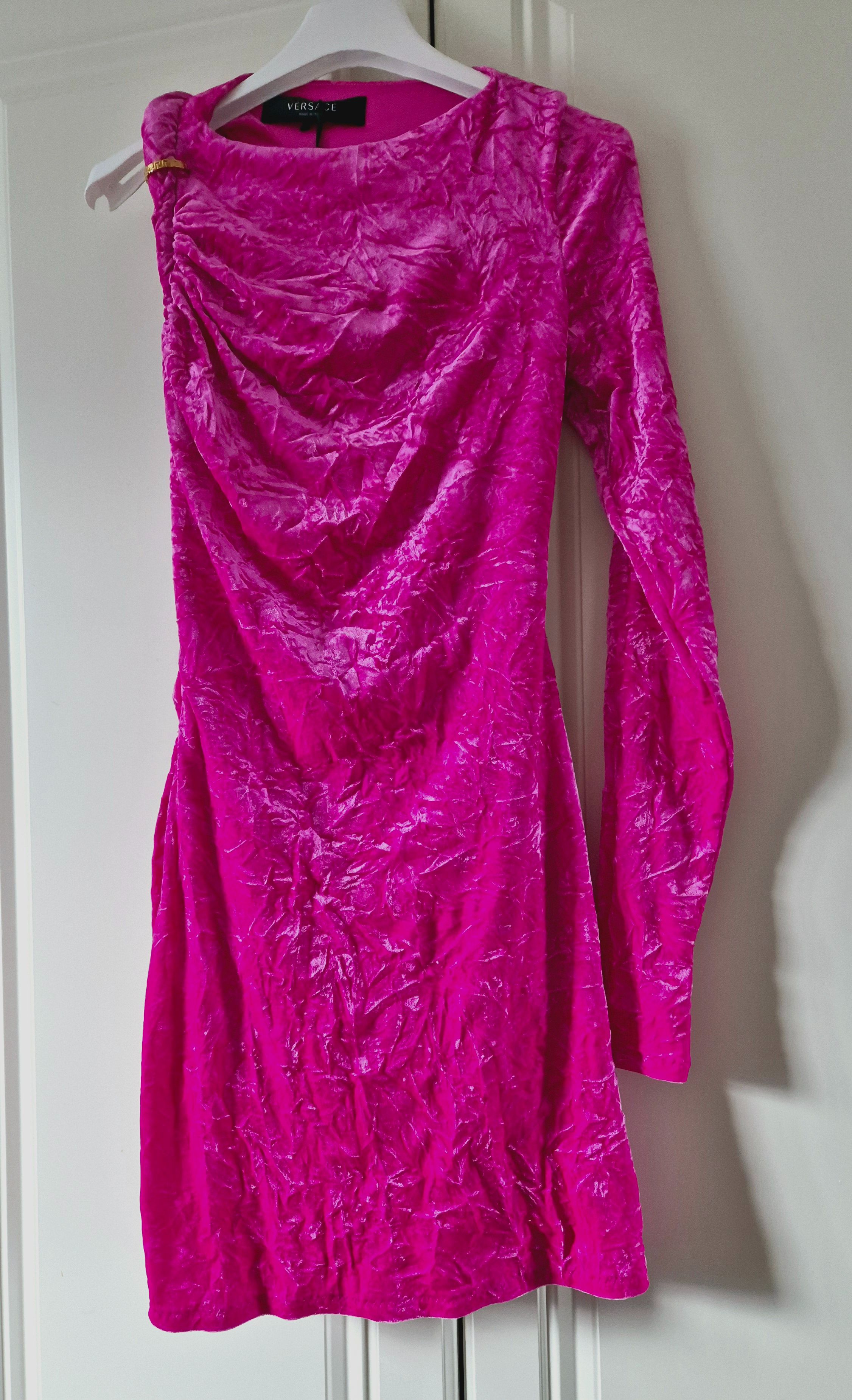 Versace One-shoulder open-back crushed-velvet mini dress Size XS Fuschia velvet