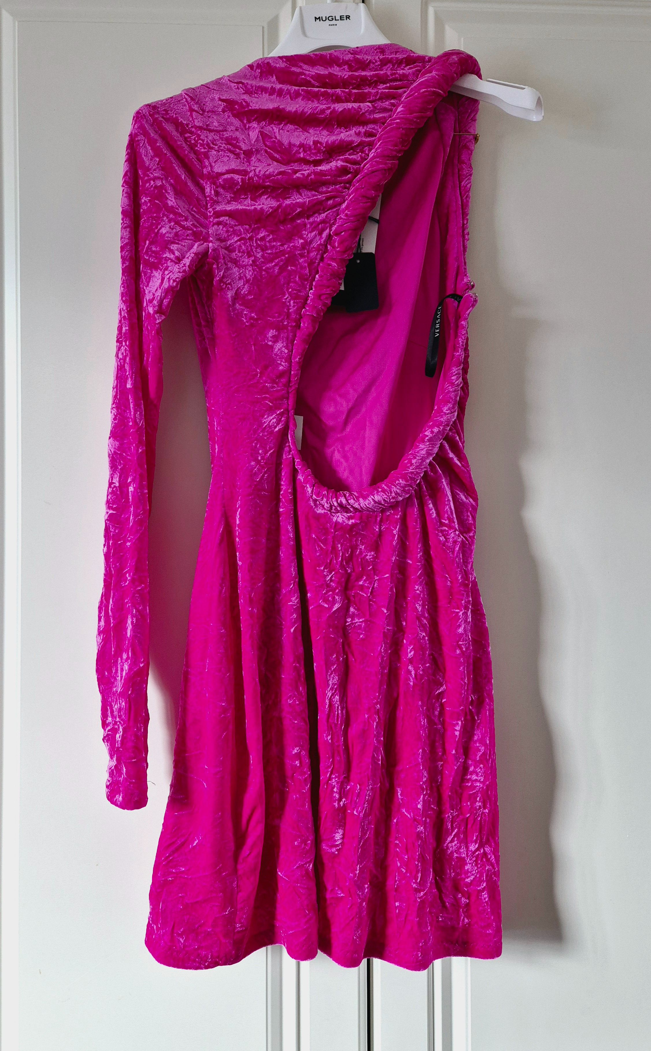 Versace One-shoulder open-back crushed-velvet mini dress Size XS Fuschia velvet