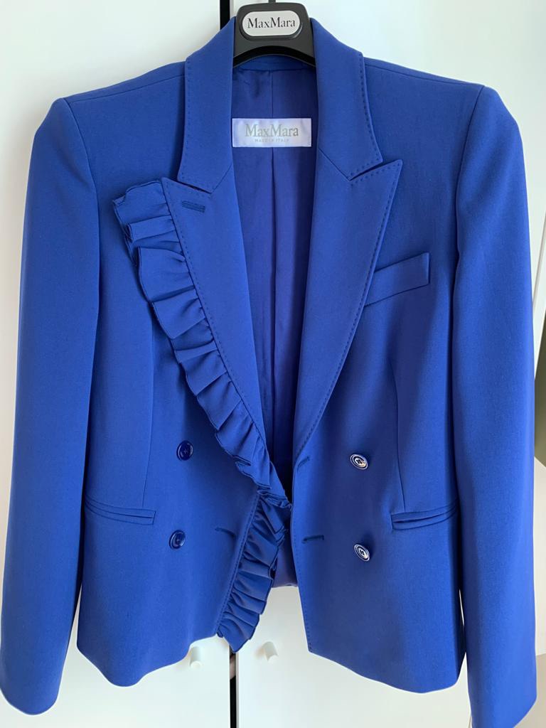 Preowned Max Mara Blue Ruffle Lapel Tailored Jacket Size XXS triacetate/poliestere