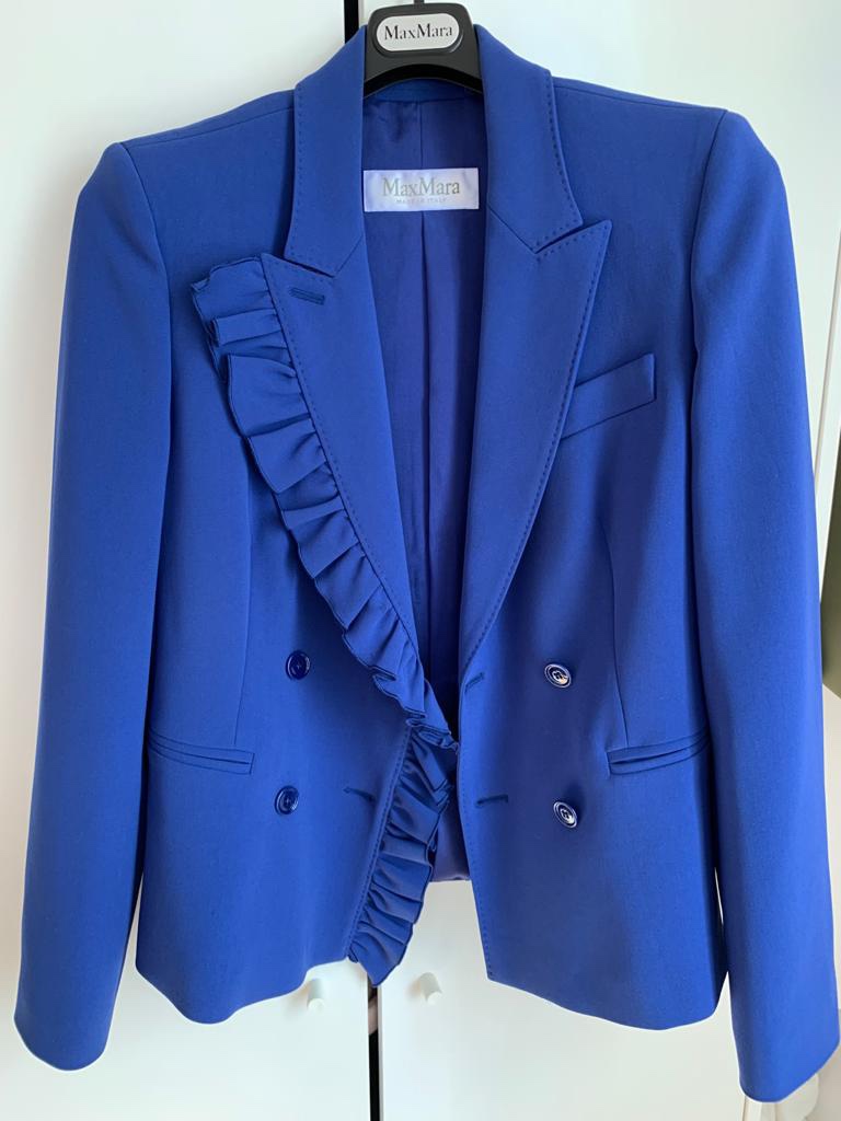 Preowned Max Mara Blue Ruffle Lapel Tailored Jacket Size XXS triacetate/poliestere