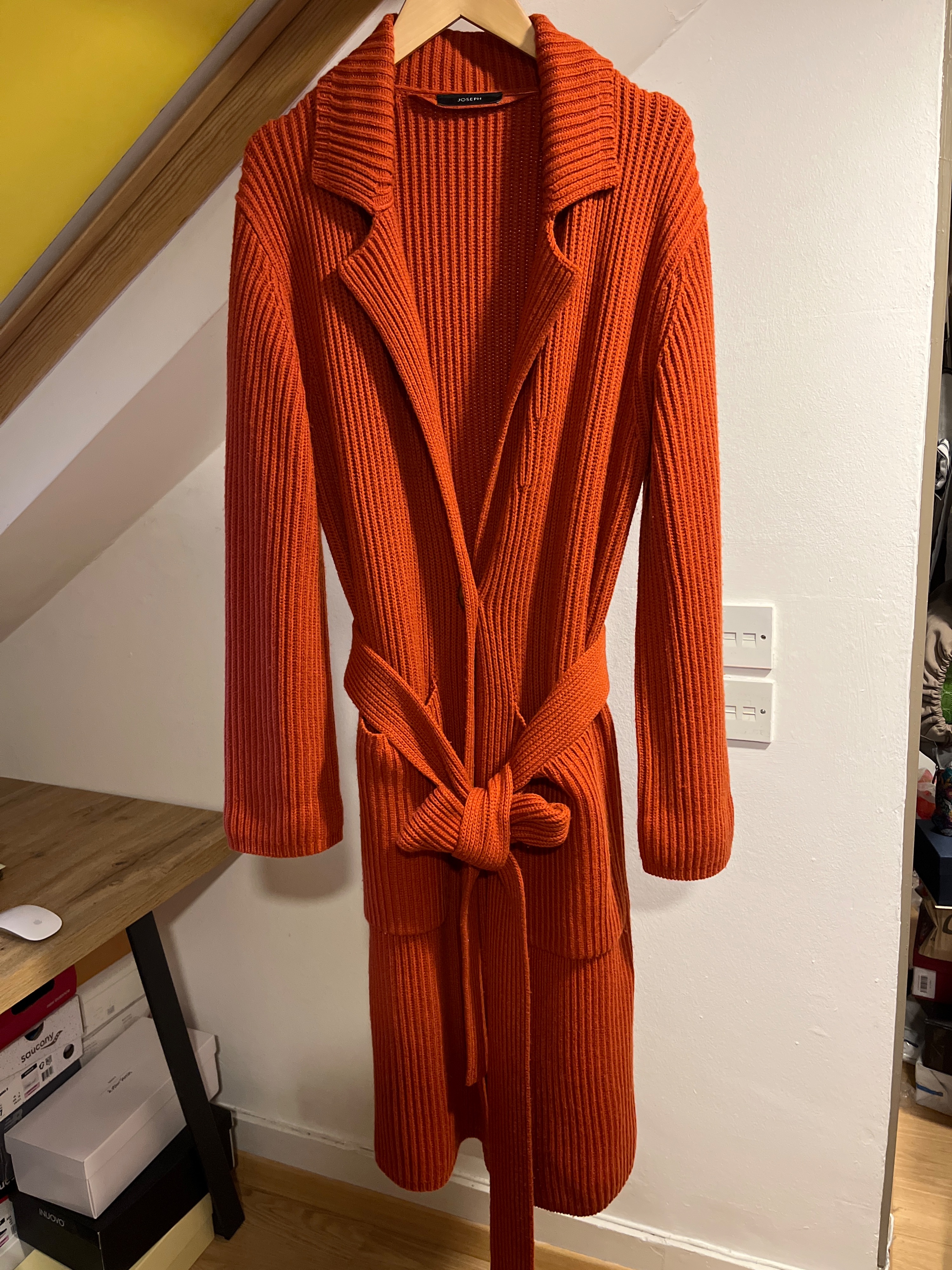 Joseph Jospeh Orange Belted Rib Knit Longline Cardigan Size XS Orange Red cotton/wool/cashmere