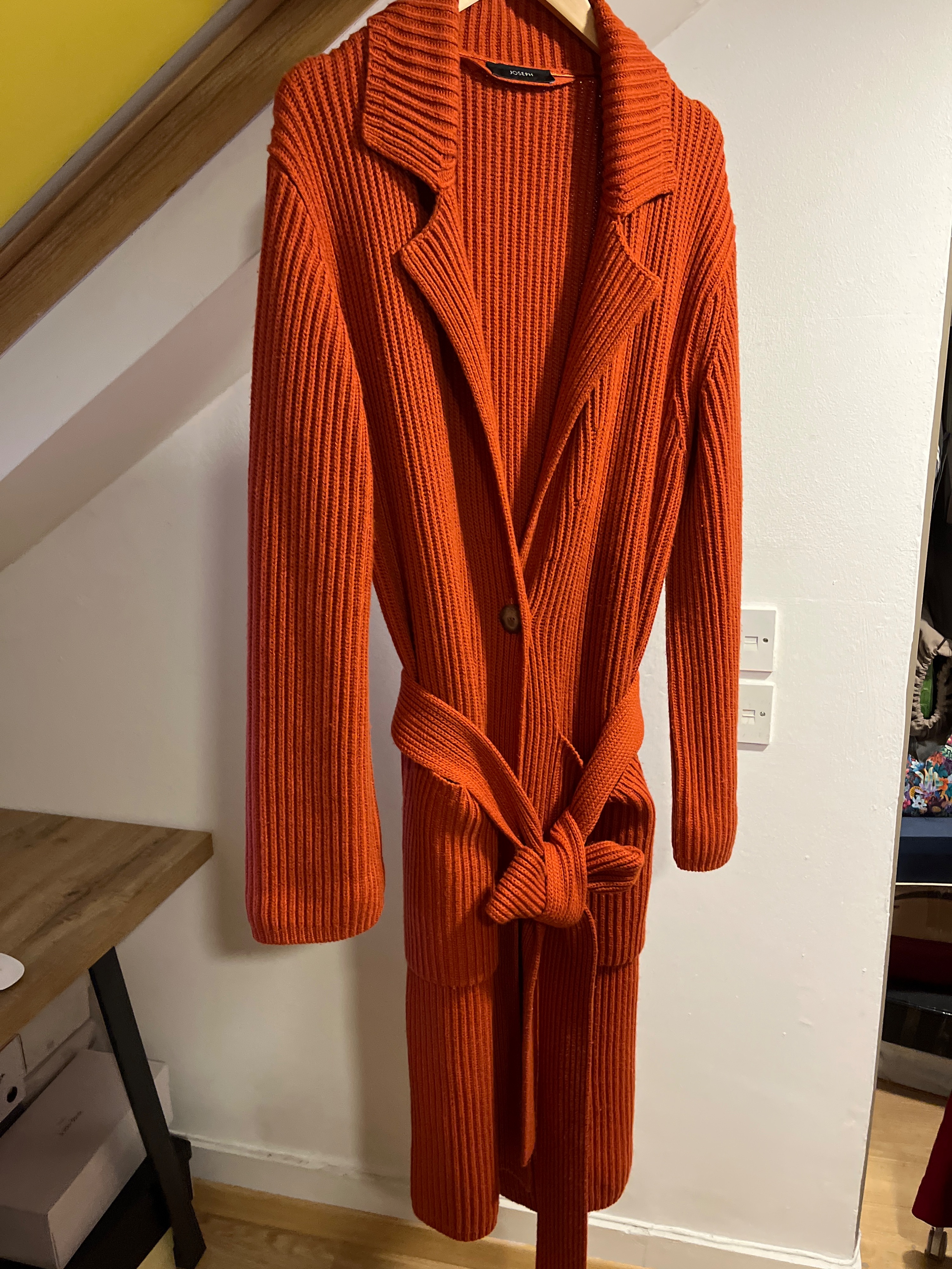 Joseph Jospeh Orange Belted Rib Knit Longline Cardigan Size XS Orange Red cotton/wool/cashmere