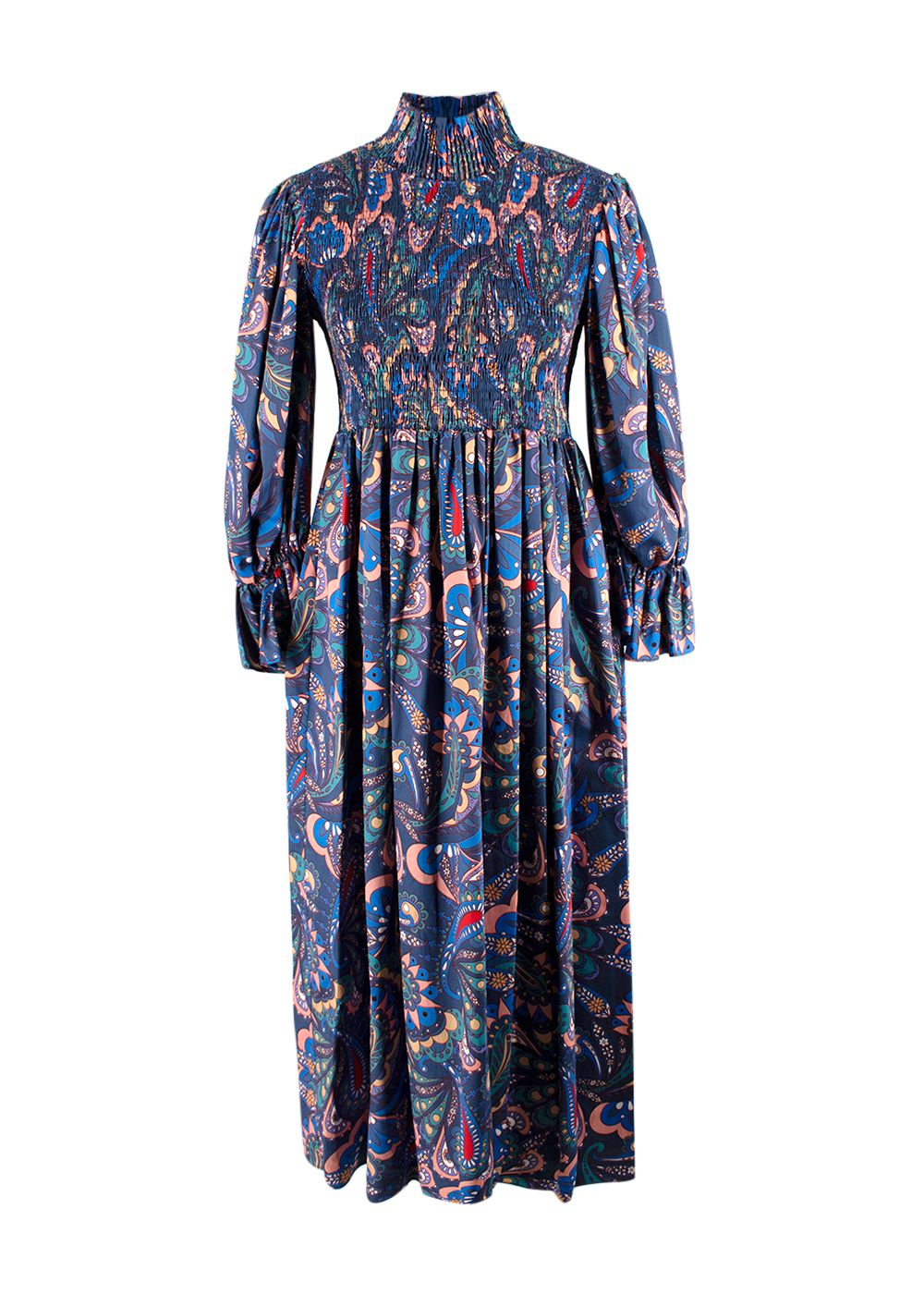 Borgo De Nor Blue Paisley Shirred Catriona Midi Dress Size XS cotton