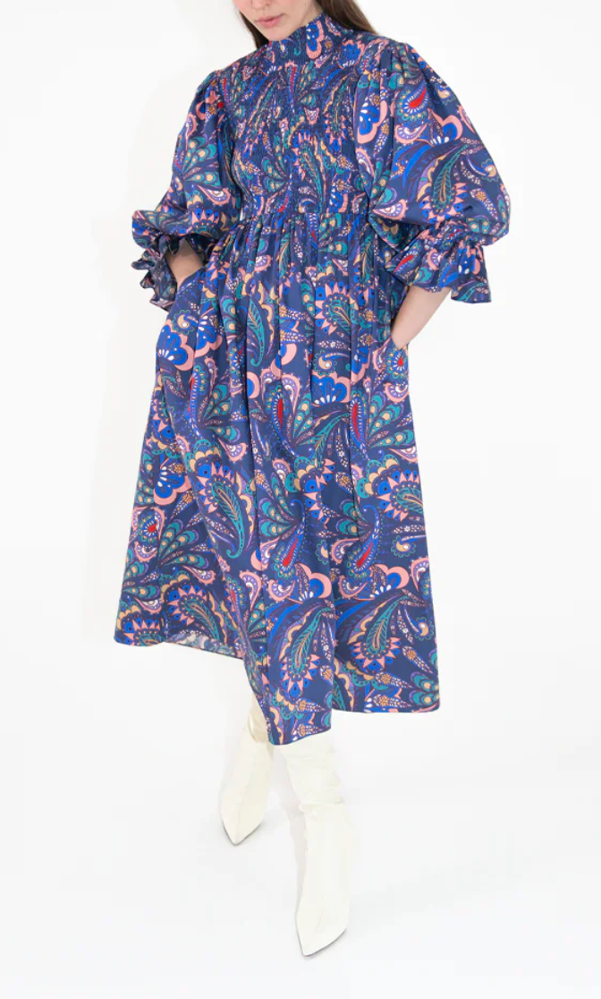 Borgo De Nor Blue Paisley Shirred Catriona Midi Dress Size XS cotton