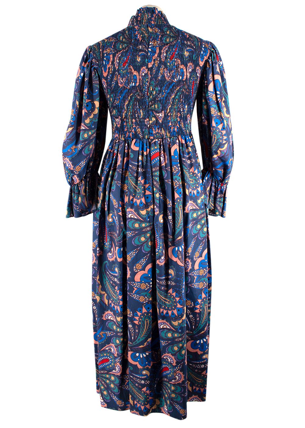 Borgo De Nor Blue Paisley Shirred Catriona Midi Dress Size XS cotton