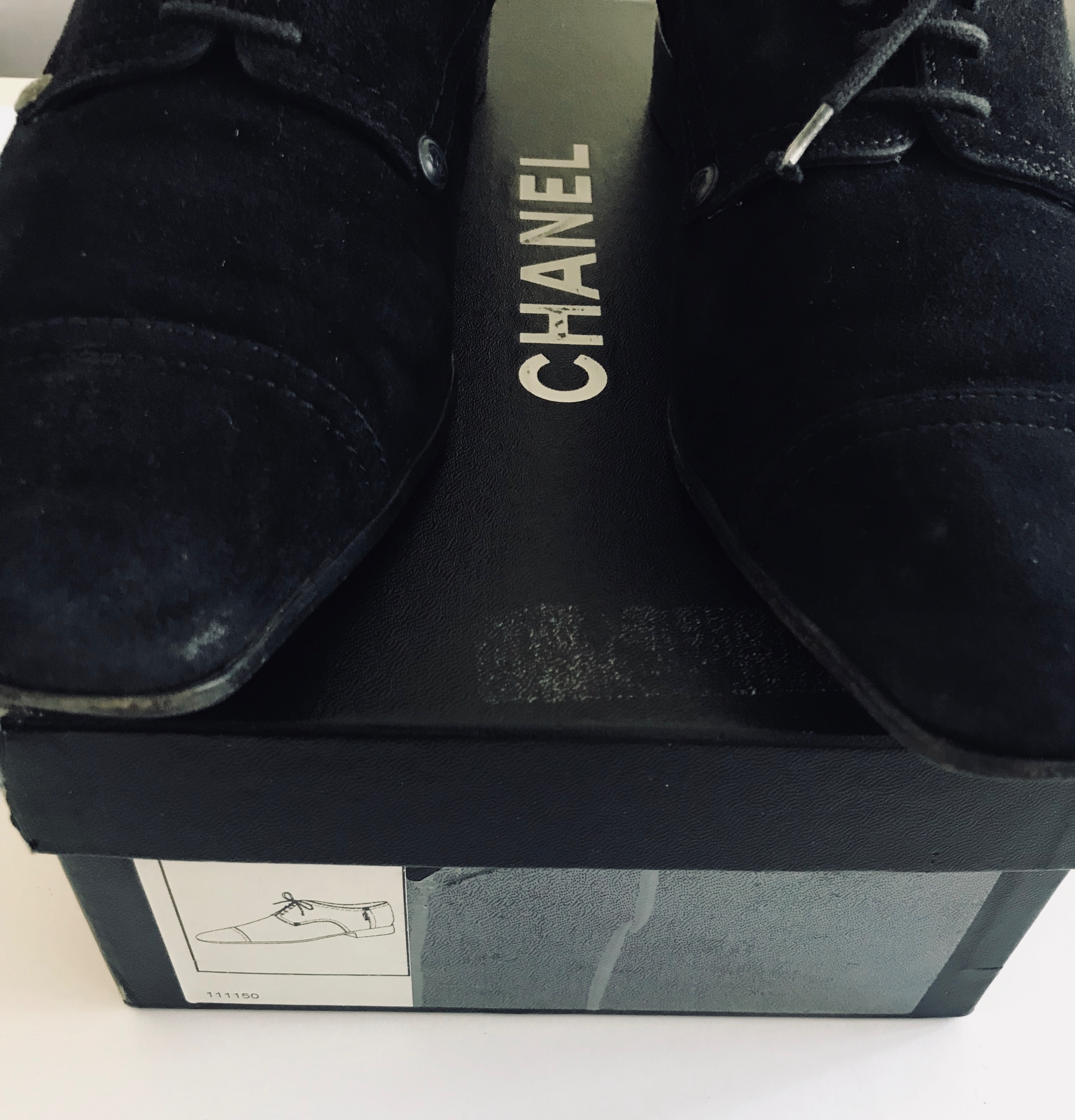 Preowned Chanel Vintage Black Suede Point Toe Oxford Shoes Size 385