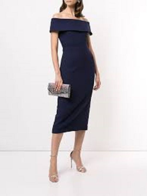 Rebecca Valance Navy Amore Bardot Midi Dress Size S navy blue polyester/spandex bonded crepe