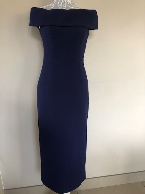 Rebecca Valance Navy Amore Bardot Midi Dress Size S navy blue polyester/spandex bonded crepe