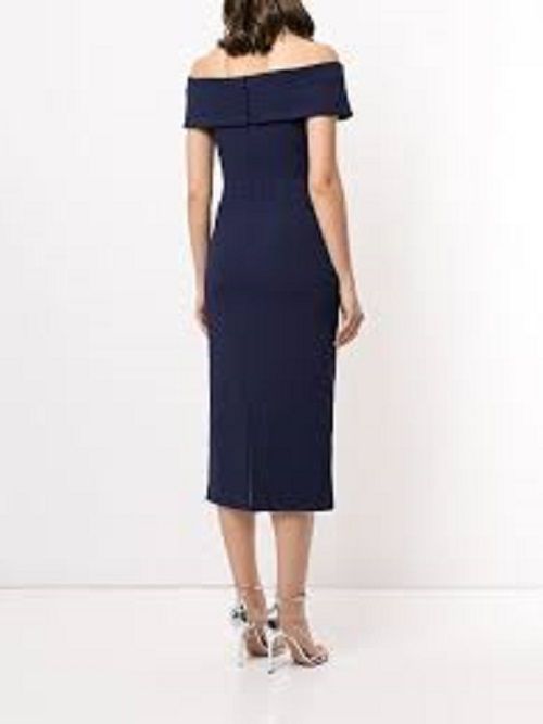 Rebecca Valance Navy Amore Bardot Midi Dress Size S navy blue polyester/spandex bonded crepe