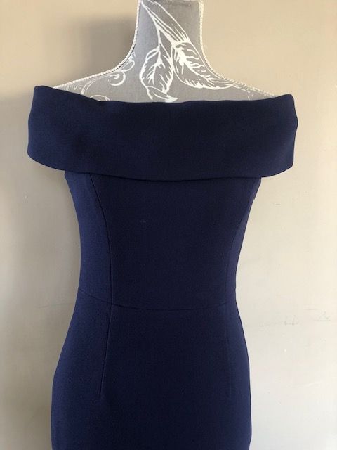 Rebecca Valance Navy Amore Bardot Midi Dress Size S navy blue polyester/spandex bonded crepe