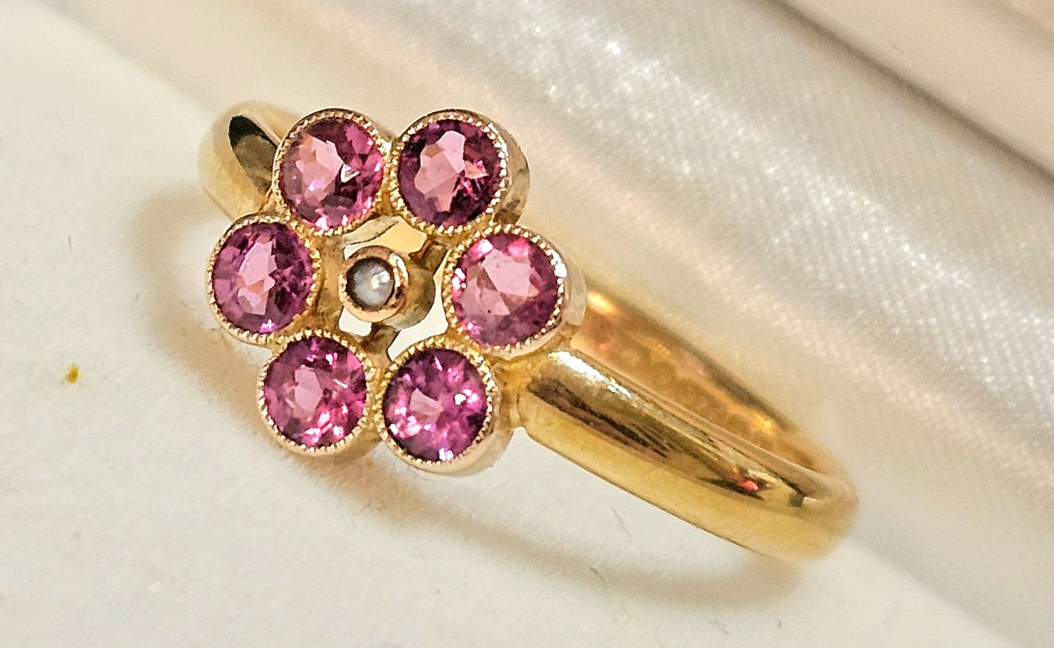 Preowned Bespoke 9ct Gold Tourmaline and Pearl Cluster Ring Yellow gold ct gold