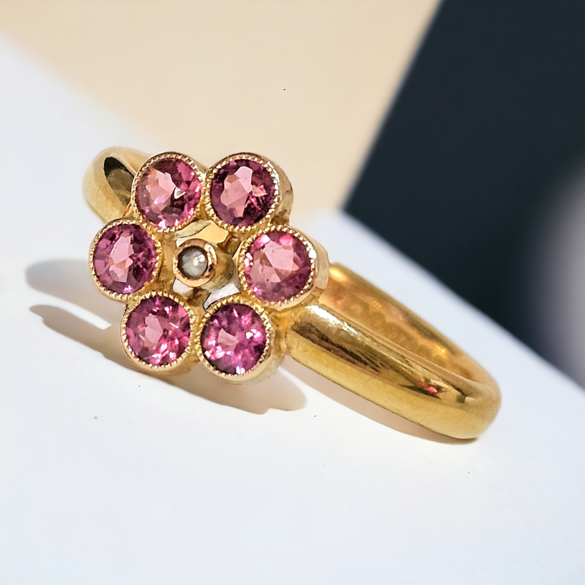 Preowned Bespoke 9ct Gold Tourmaline and Pearl Cluster Ring Yellow gold ct gold