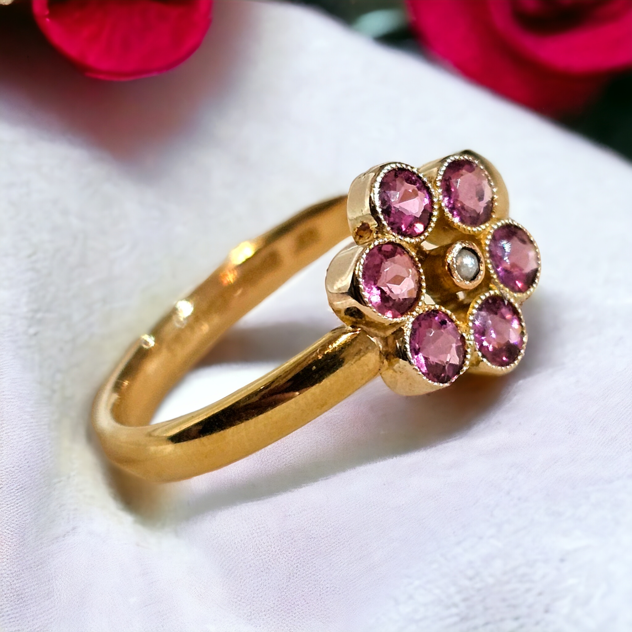 Preowned Bespoke 9ct Gold Tourmaline and Pearl Cluster Ring Yellow gold ct gold