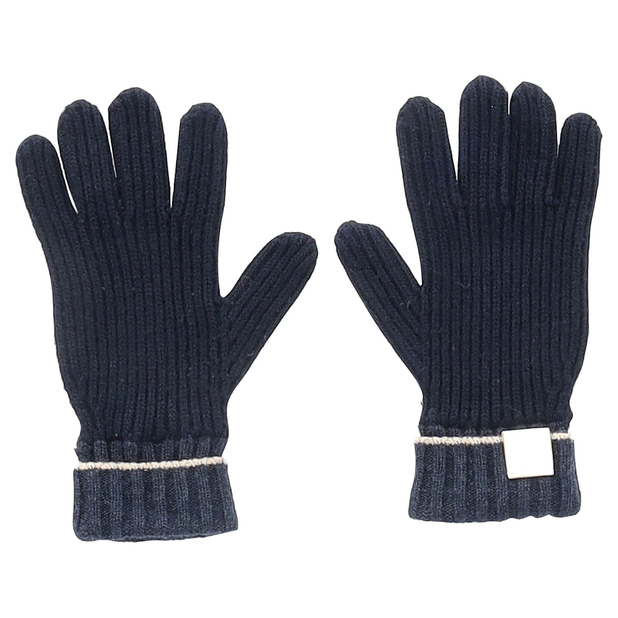 Preowned Loewe Navy Leather-Trimmed Ribbed Gloves blue | navy blue wool/hair