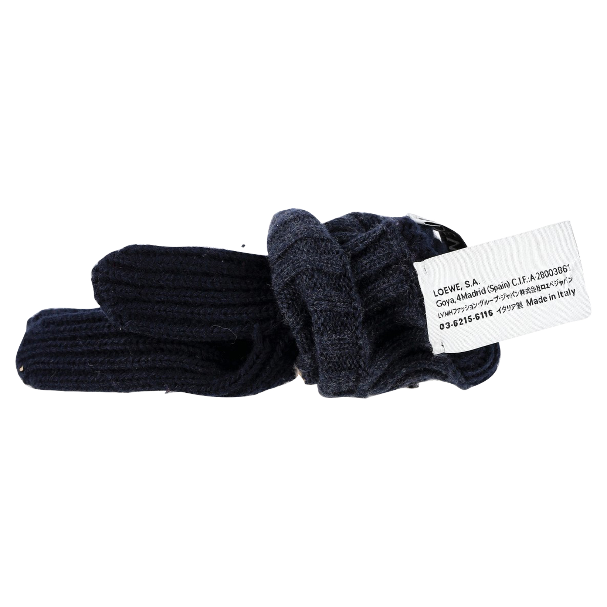 Preowned Loewe Navy Leather-Trimmed Ribbed Gloves blue | navy blue wool/hair