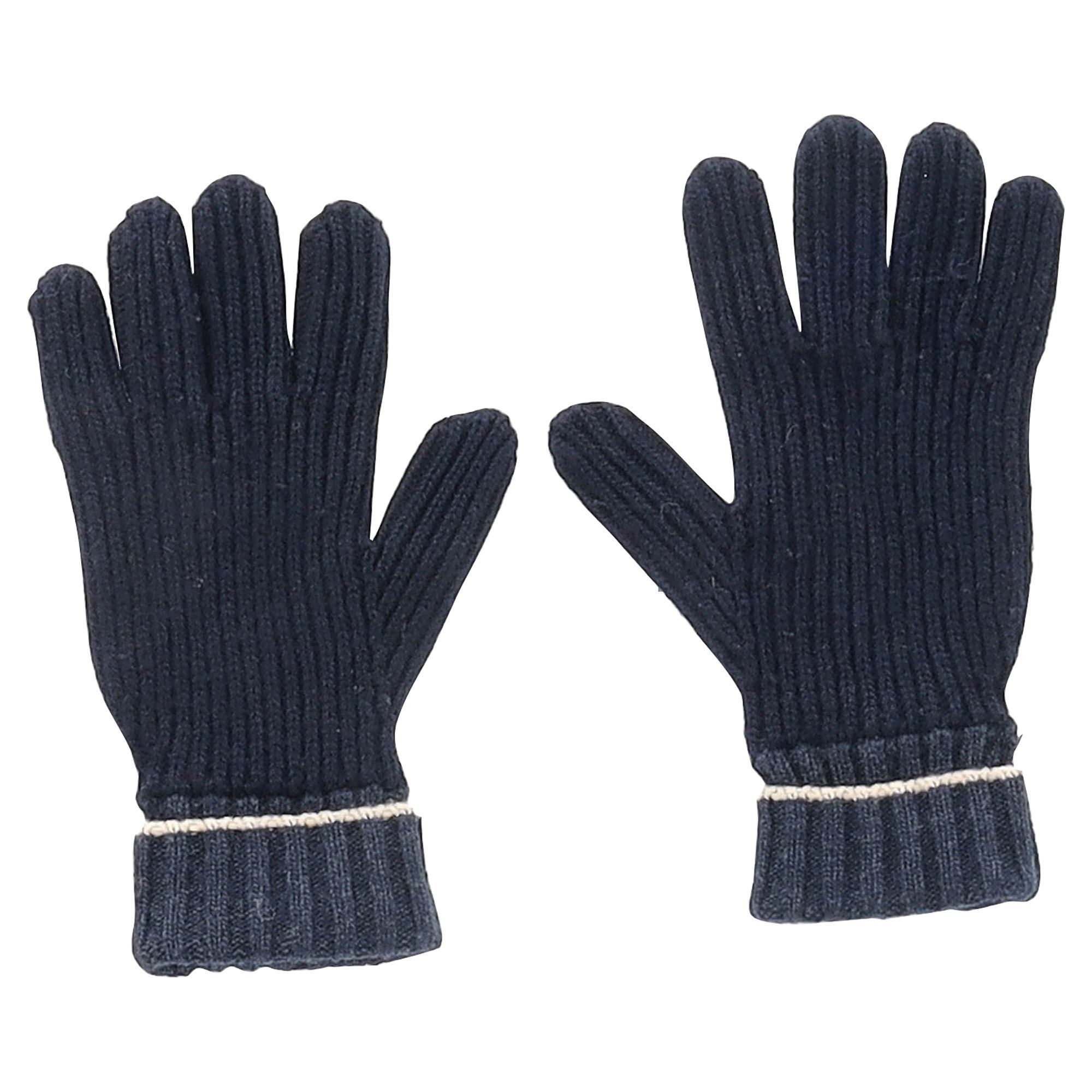 Preowned Loewe Navy Leather-Trimmed Ribbed Gloves blue | navy blue wool/hair