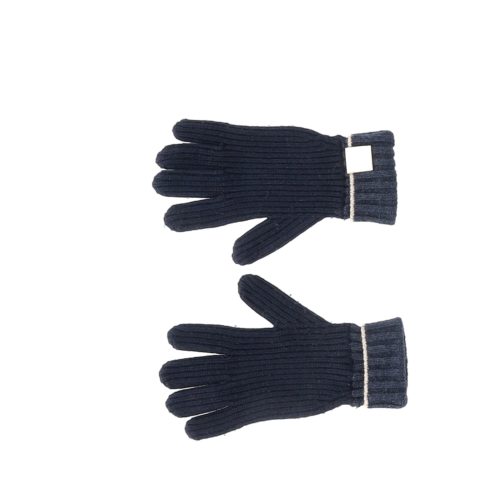 Preowned Loewe Navy Leather-Trimmed Ribbed Gloves blue | navy blue wool/hair