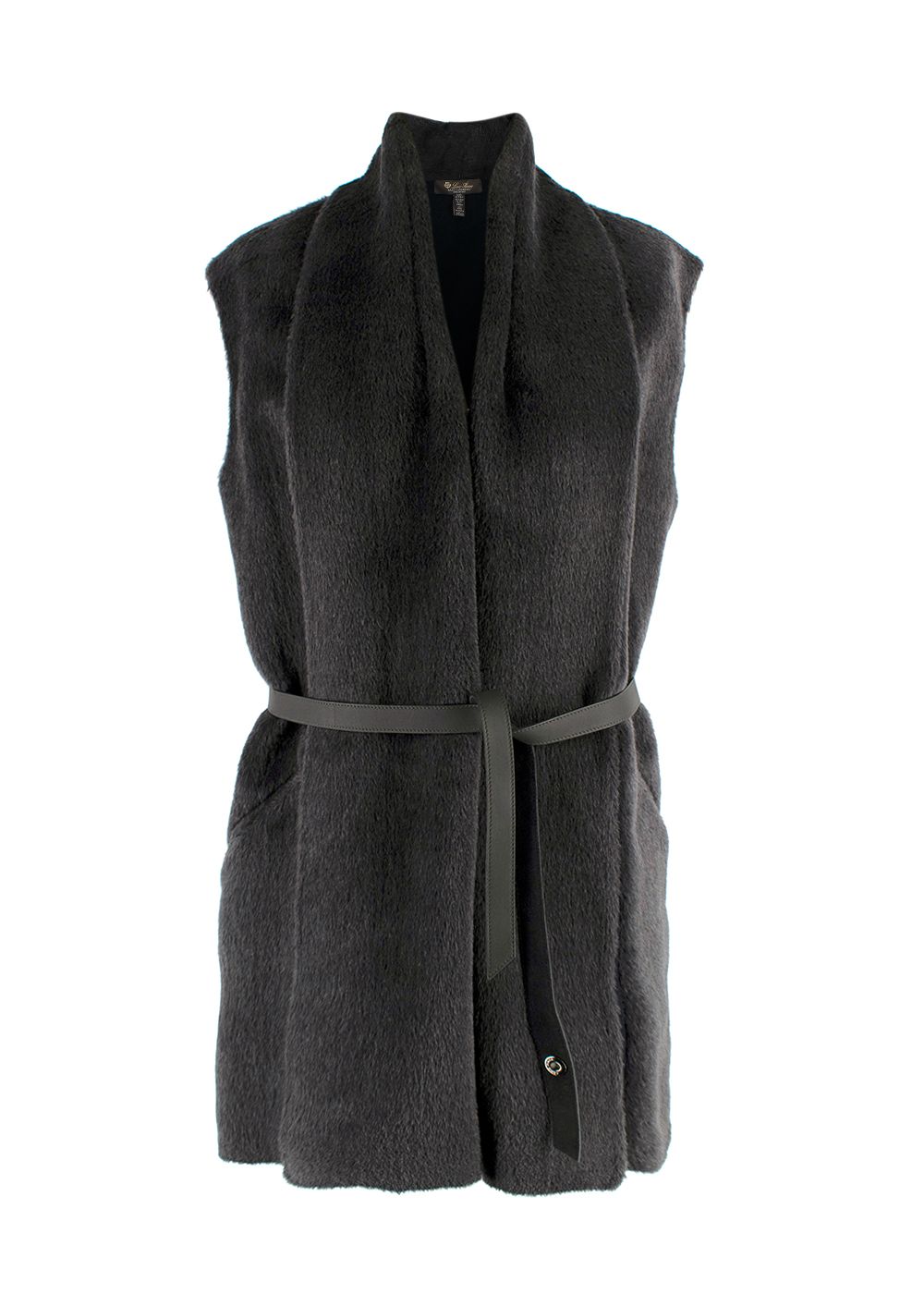 Loro Piana Dark Grey Cashmere and Alpaca Fur Belted Sleeveless Jacket Size L