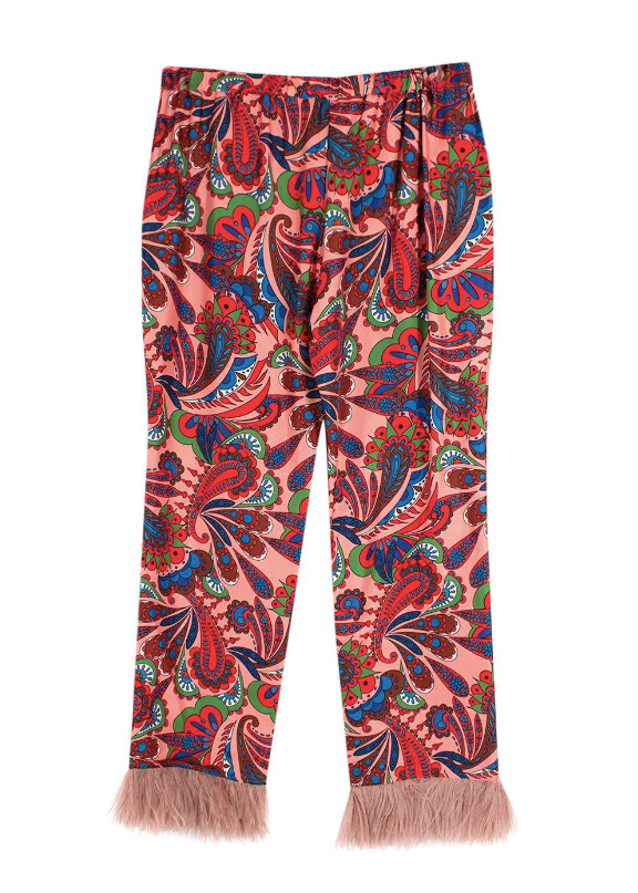 Borgo De Nor Pink Paisley Silk Eden Trouser with Feather Trim Size M Pink  Multi-colour