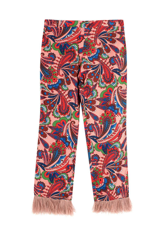 Borgo De Nor Pink Paisley Silk Eden Trouser with Feather Trim Size M Pink  Multi-colour