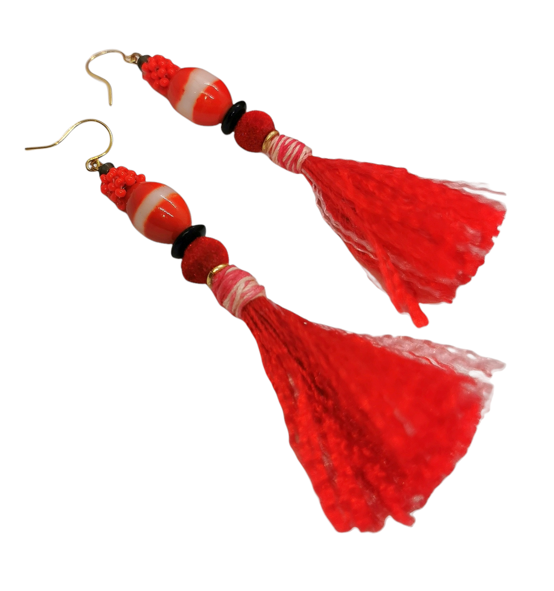 Vicki Sarge Red Beaded Tassel Drop Earrings bead/fabric