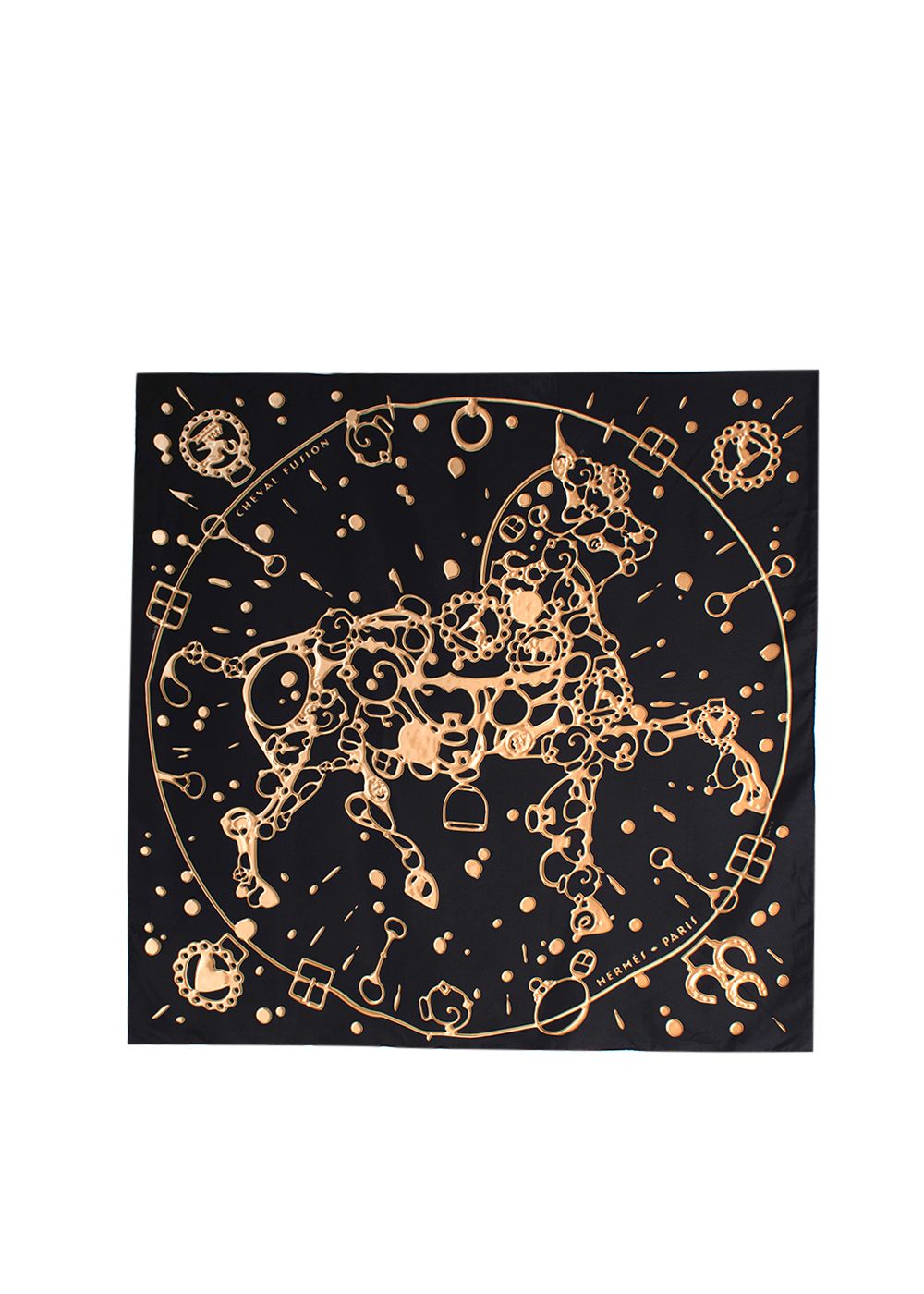 Preowned Hermes Cheval Fusion Silk Scarf by Dimitri Rybaltchenko 90 x 90 Black