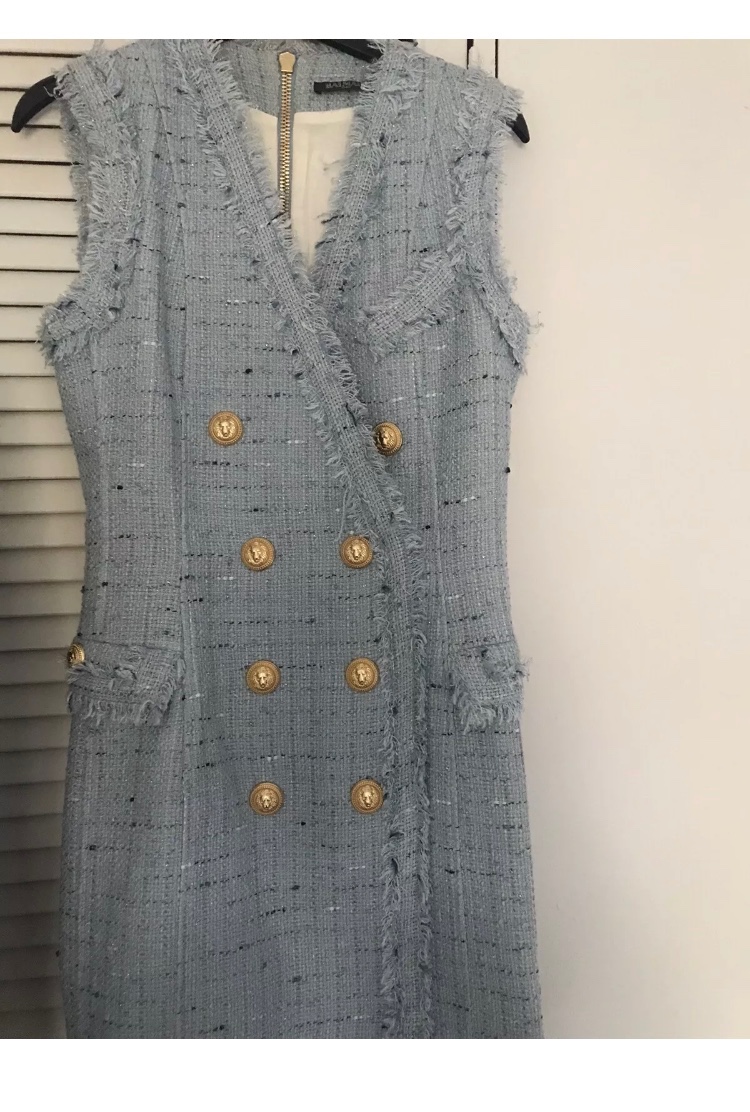 Preowned Balmain Pale Blue Tweed Sleeveless Dress