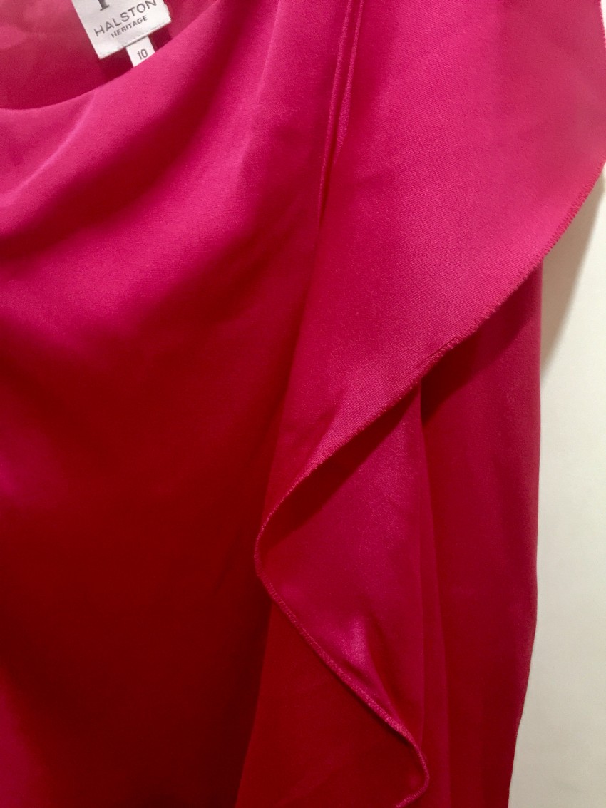 Preowned Halston Pink Silk One Shoulder Dress Size L