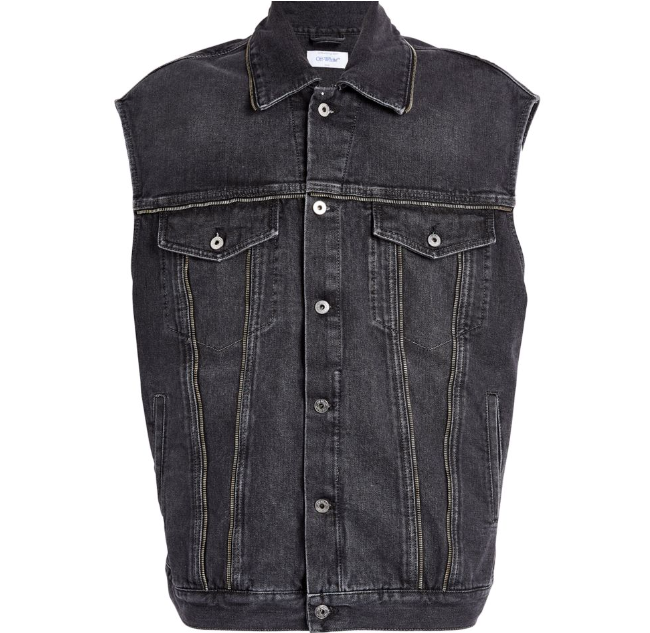 Men's Off White Black Denim Zip-Detail Vest Size M cotton