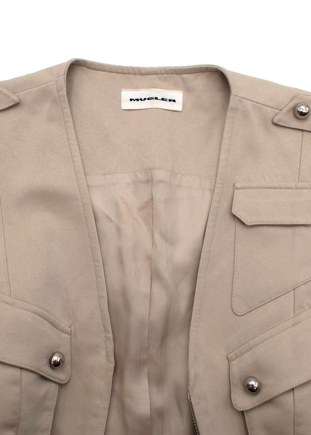 Preowned Mugler Cream Suede Safari Style Jacket Size M Beige polyester