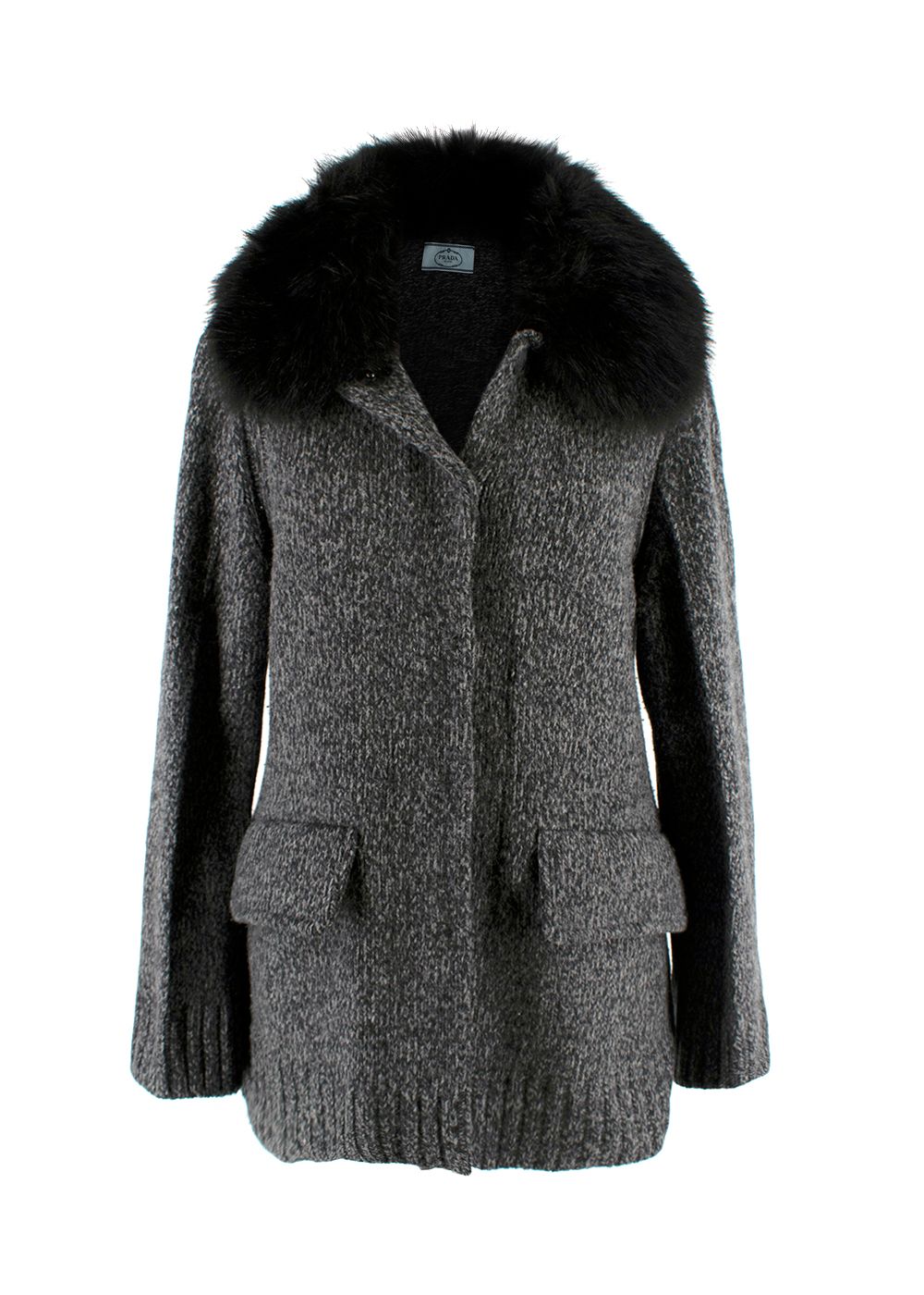 Prada Grey Wool Knit Cardigan with Black Raccoon Fur Collar Size S grey black