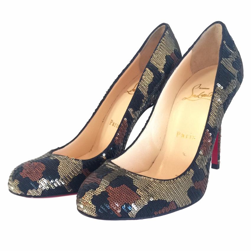 Christian Louboutin Fifi Paillettes Sequin Leopard Heels Size 365 Gold leather