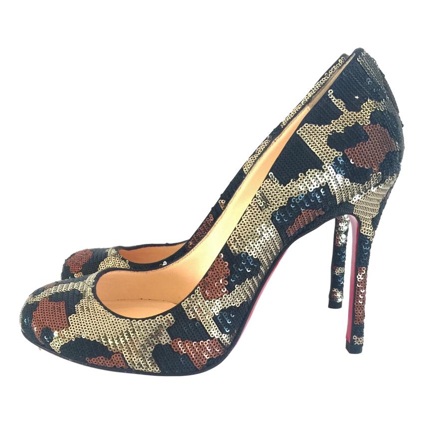 Christian Louboutin Fifi Paillettes Sequin Leopard Heels Size 365 Gold leather