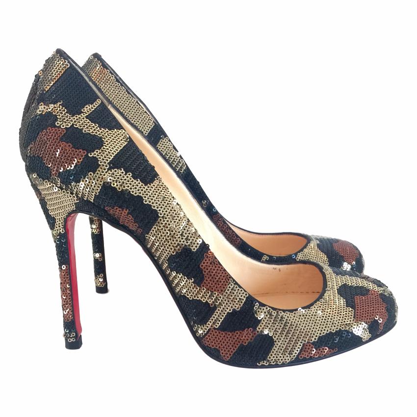 Christian Louboutin Fifi Paillettes Sequin Leopard Heels Size 365 Gold leather