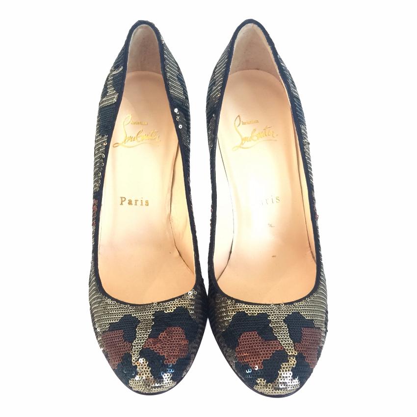 Christian Louboutin Fifi Paillettes Sequin Leopard Heels Size 365 Gold leather