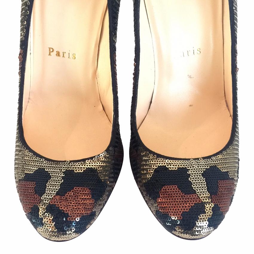 Christian Louboutin Fifi Paillettes Sequin Leopard Heels Size 365 Gold leather