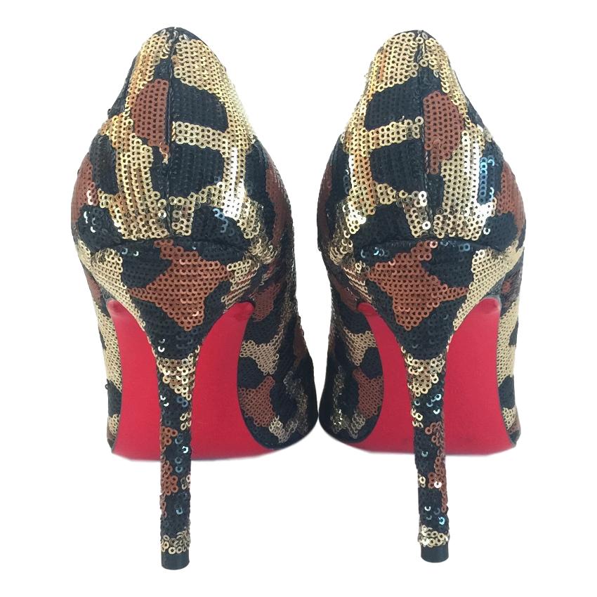 Christian Louboutin Fifi Paillettes Sequin Leopard Heels Size 365 Gold leather