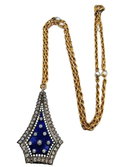 Preowned Bespoke Georgian Diamond and Blue Enamel Guilloche Pendant Necklace Gold ct gold