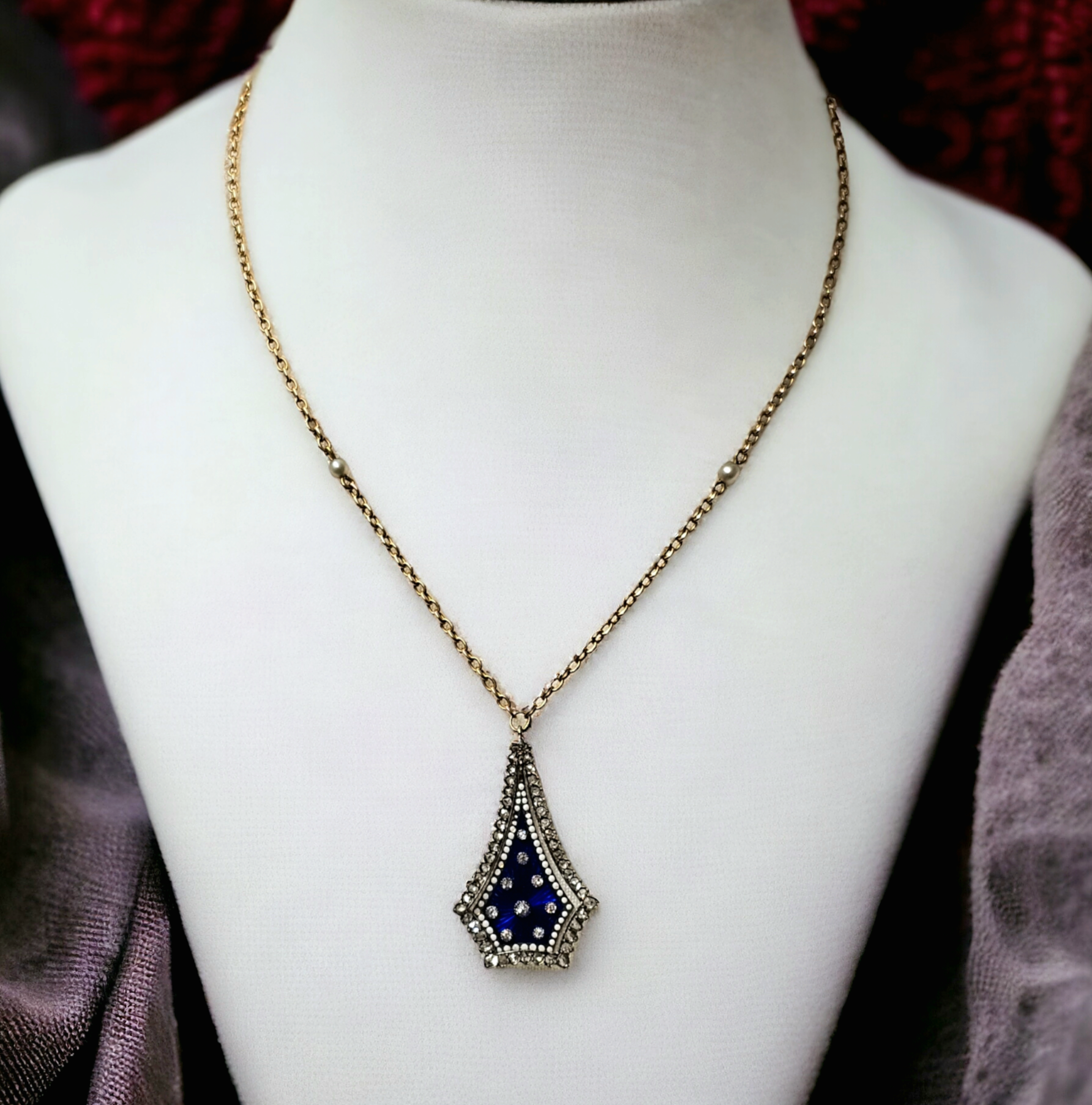 Preowned Bespoke Georgian Diamond and Blue Enamel Guilloche Pendant Necklace Gold ct gold