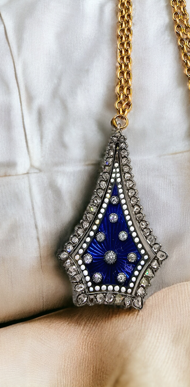 Preowned Bespoke Georgian Diamond and Blue Enamel Guilloche Pendant Necklace Gold ct gold