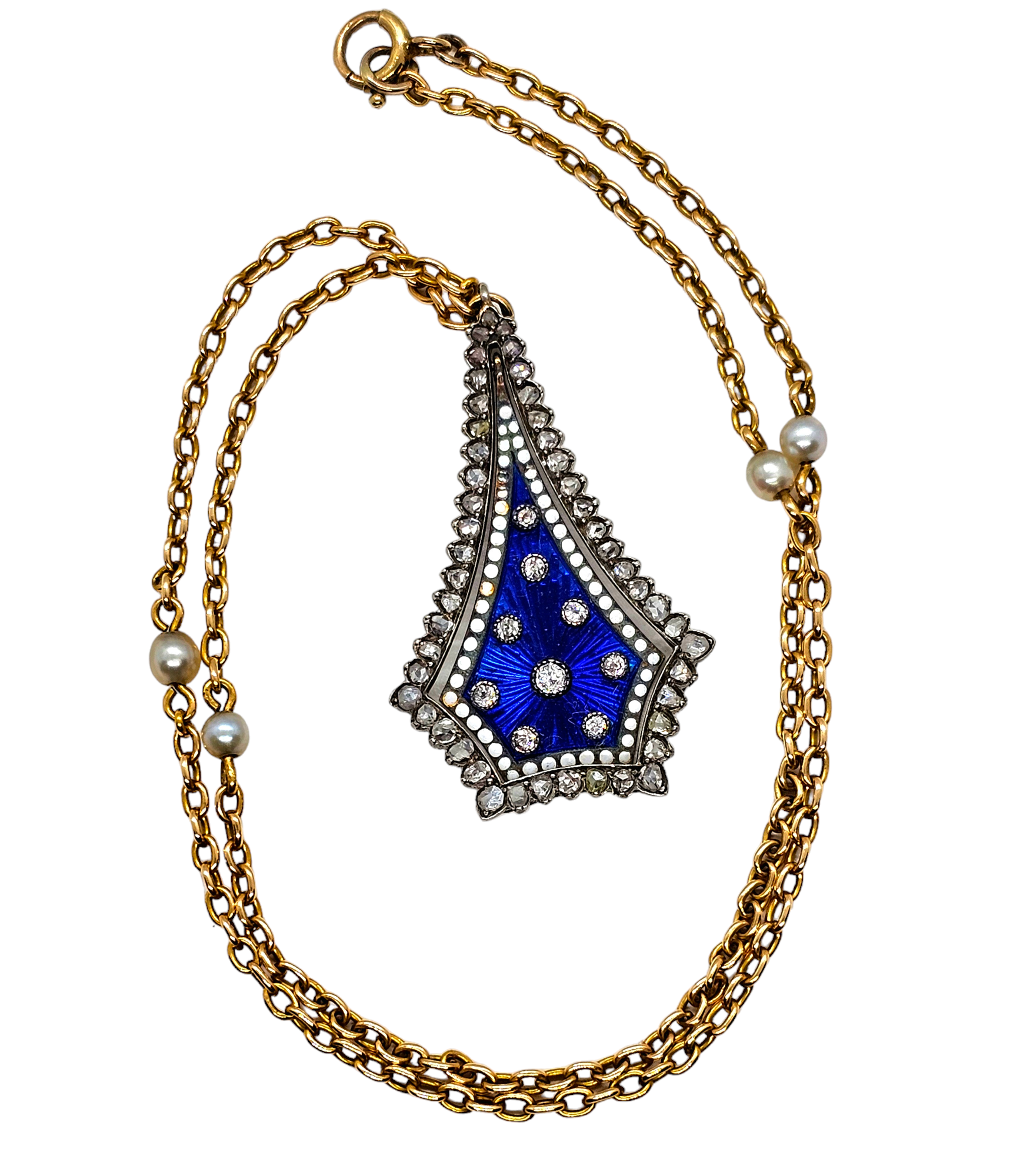 Preowned Bespoke Georgian Diamond and Blue Enamel Guilloche Pendant Necklace Gold ct gold