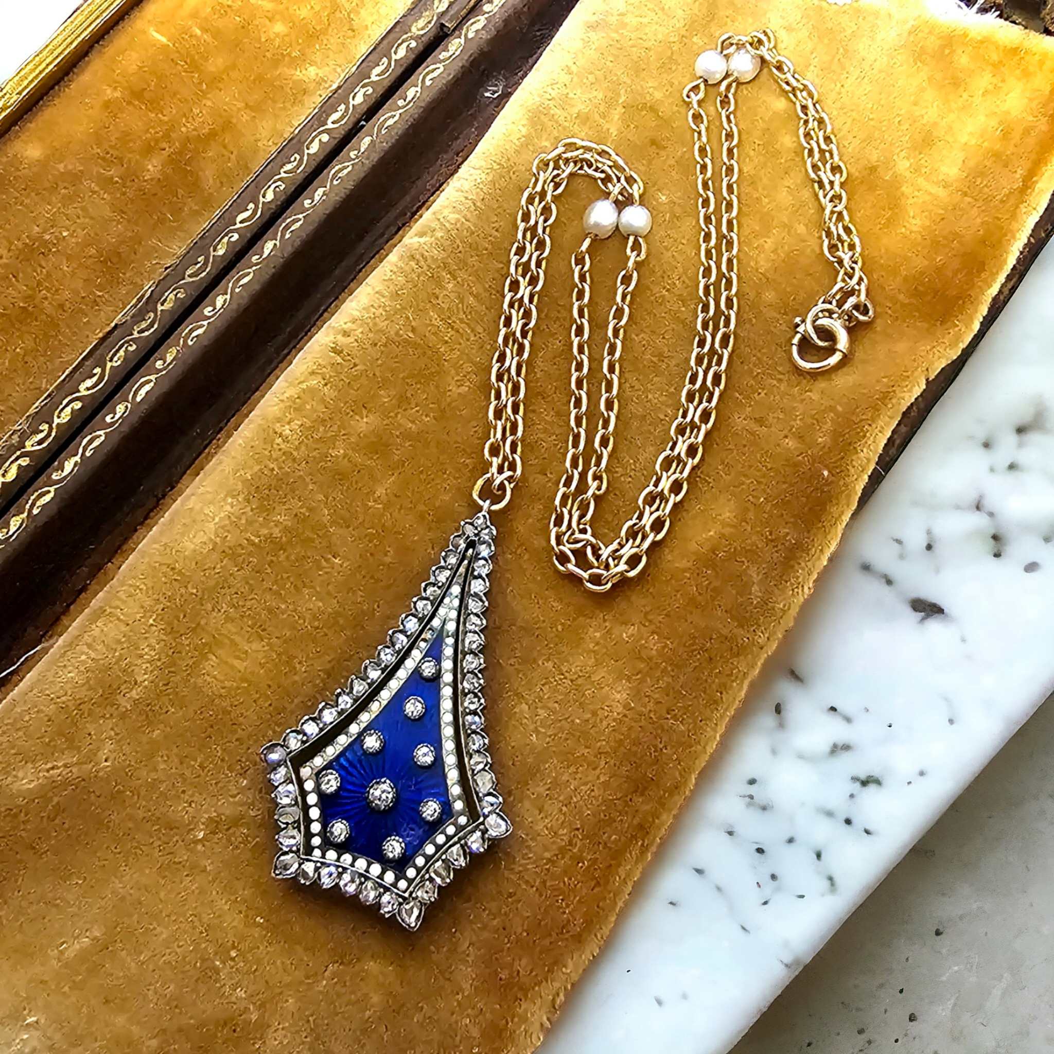 Preowned Bespoke Georgian Diamond and Blue Enamel Guilloche Pendant Necklace Gold ct gold