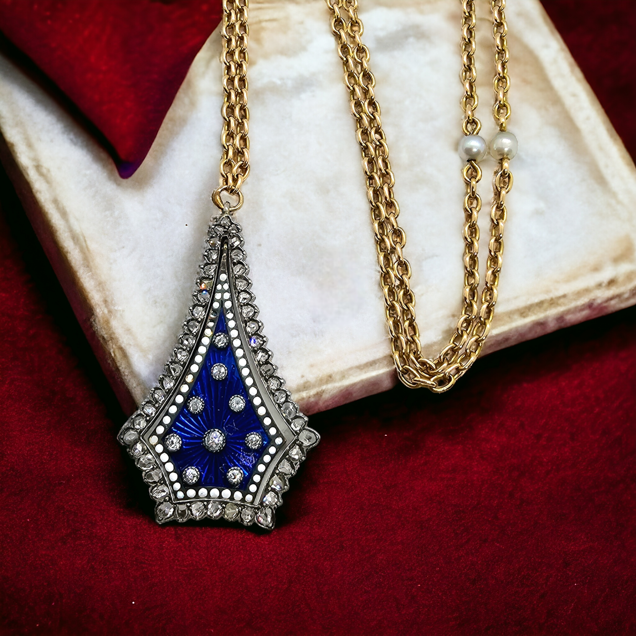 Preowned Bespoke Georgian Diamond and Blue Enamel Guilloche Pendant Necklace Gold ct gold