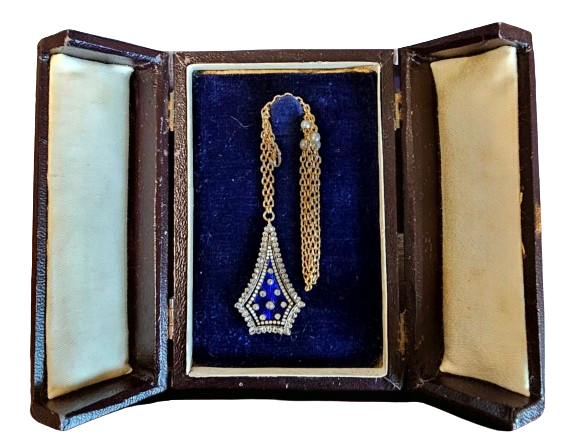 Preowned Bespoke Georgian Diamond and Blue Enamel Guilloche Pendant Necklace Gold ct gold