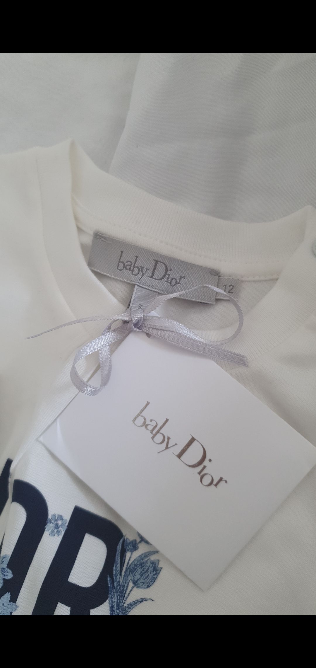 Dior Baby White and Navy Cotton Elephant Motif Top Size 12-18 Months