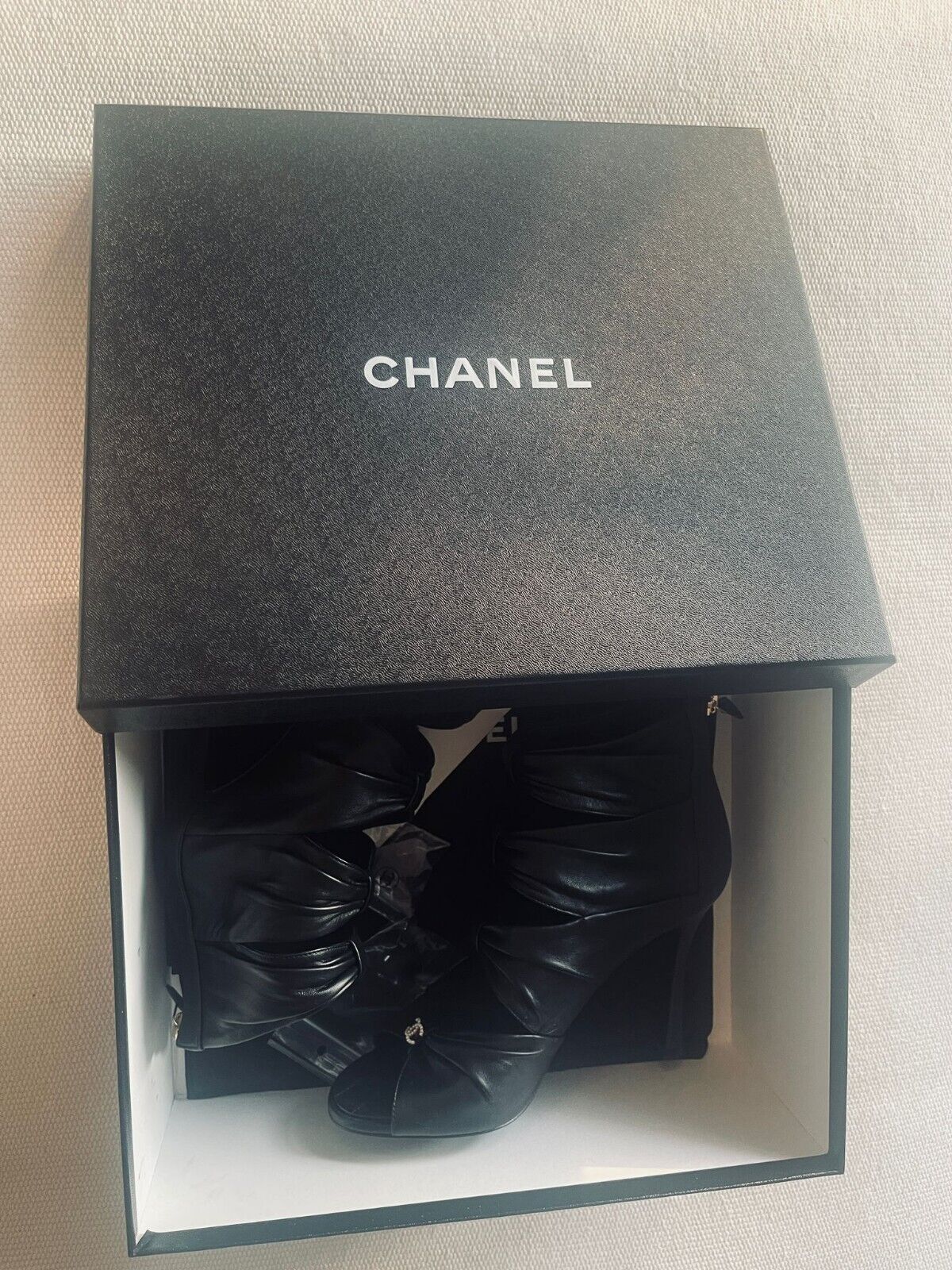 Chanel Black ruched leather heeled booties Size 395