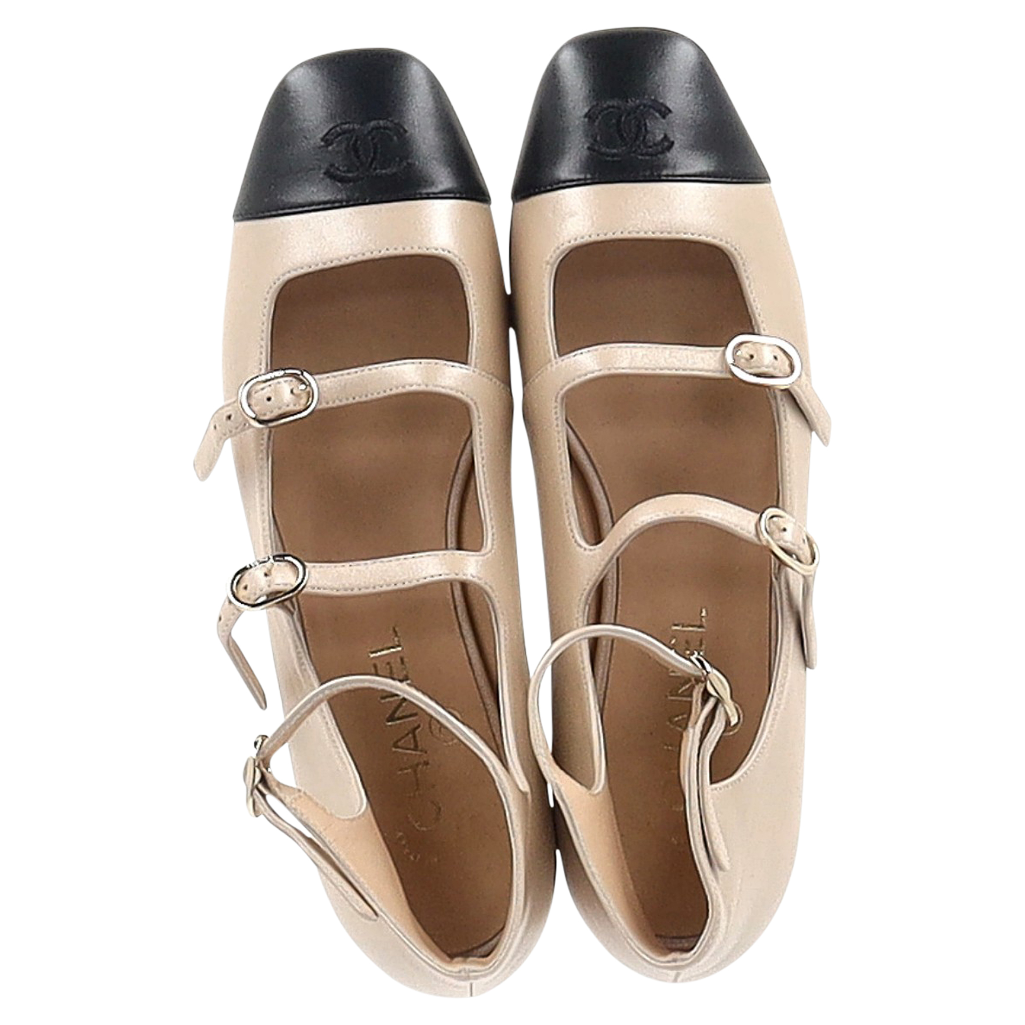 Preowned Chanel Beige Leather Ankle Strap Ballet Flats Size 385 leather/lambskin leather