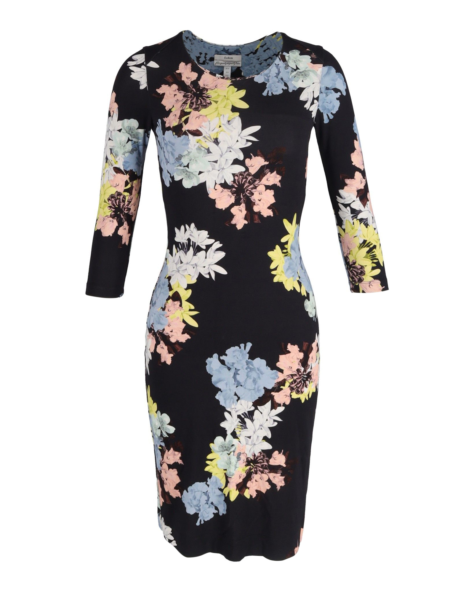 Preowned Erdem Floral Printed Jersey Knee Length Dress Size M black print cotton