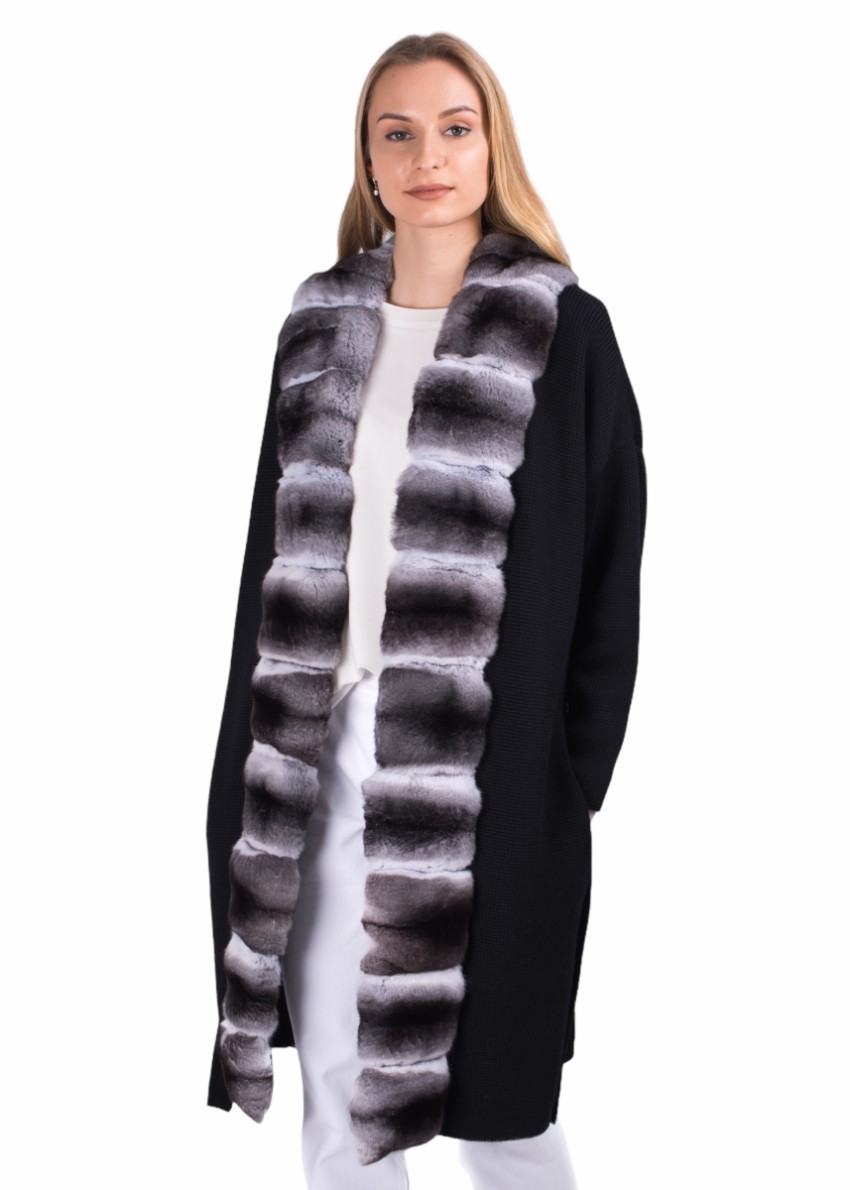 FurbySD Chinchilla Fur Trim Merino Wool Coat Size M Black