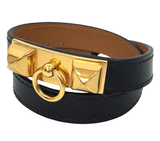 Hermes Hermès Black Leather Rivale Gold Plated Double Tour Bracelet